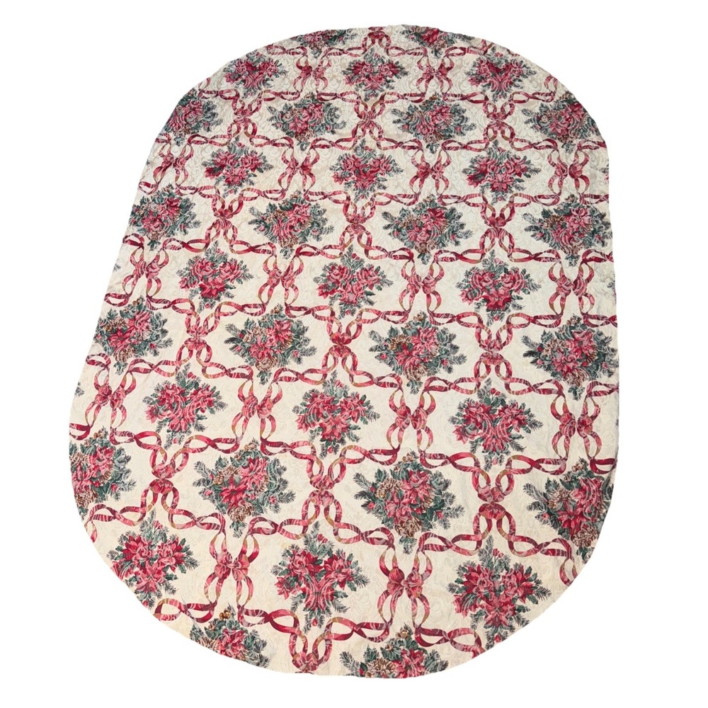 Vintage Poinsettia Holly Berries White Red Green Oval Christmas Tablecloth 81X58